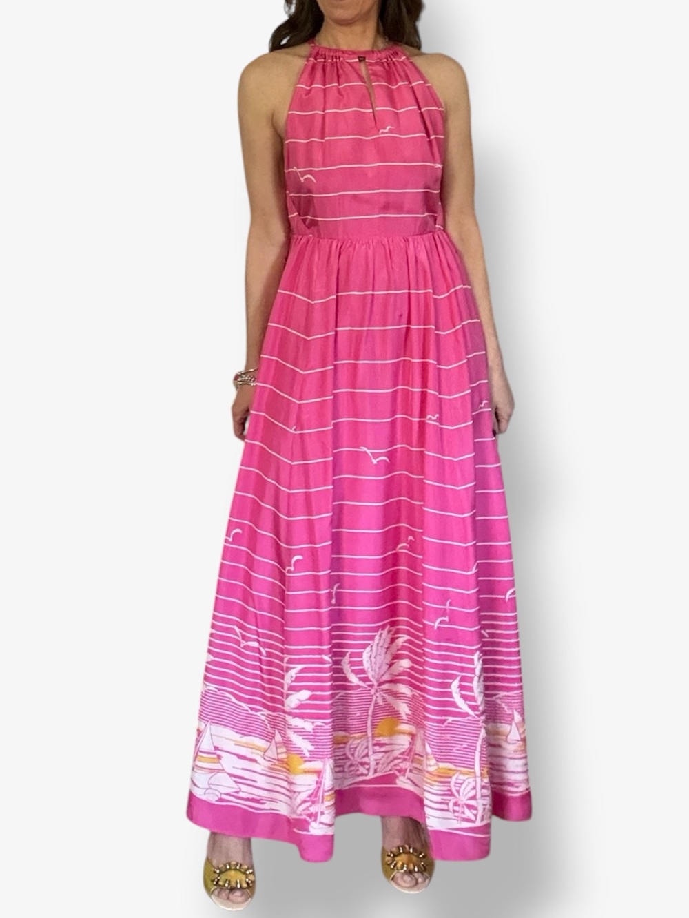 J.Crew Palm Stripes Silk Halter Maxi Dress in Bright Pink Sz. 4
